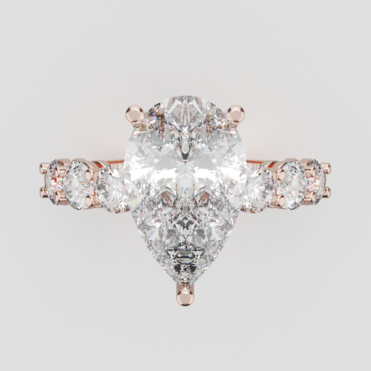 Cascata, 3ct pear lab grown diamond engagement ring, 3.5mm Side Stones, 18K rose gold - front view