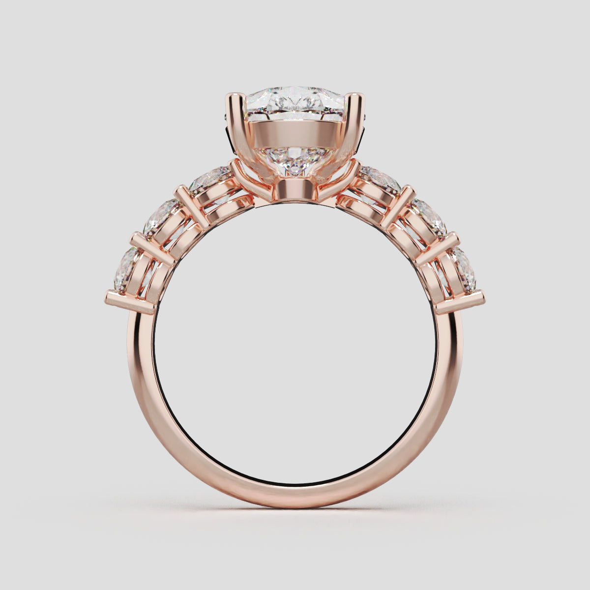 Cascata, 3ct pear lab grown diamond engagement ring, 3.5mm Side Stones, 18K rose gold - through finger
