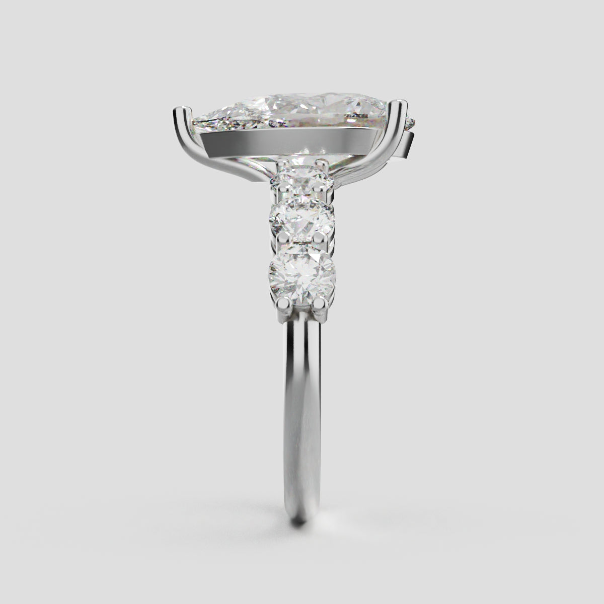 Cascata, 3ct pear lab grown diamond engagement ring, 3.5mm Side Stones, 18K white gold - side view