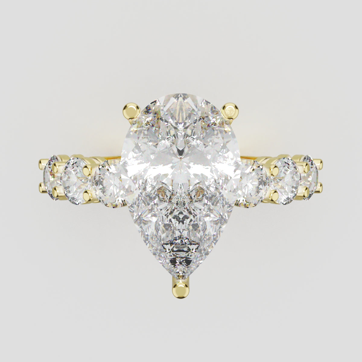 Cascata, 3ct pear lab grown diamond engagement ring, 3.5mm Side Stones, 18K yellow gold - front view