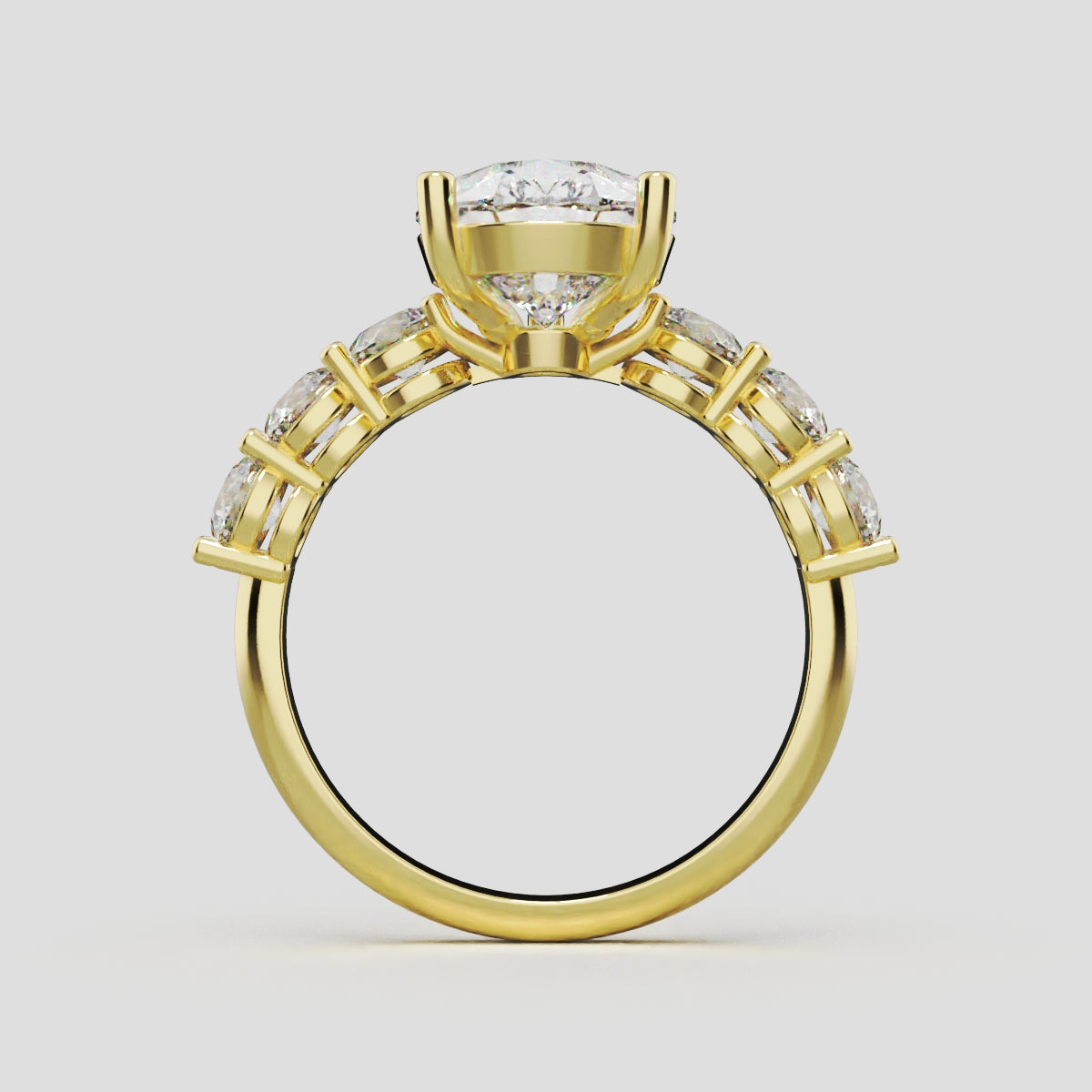 Cascata, 3ct pear lab grown diamond engagement ring, 3.5mm Side Stones, 18K yellow gold - through finger