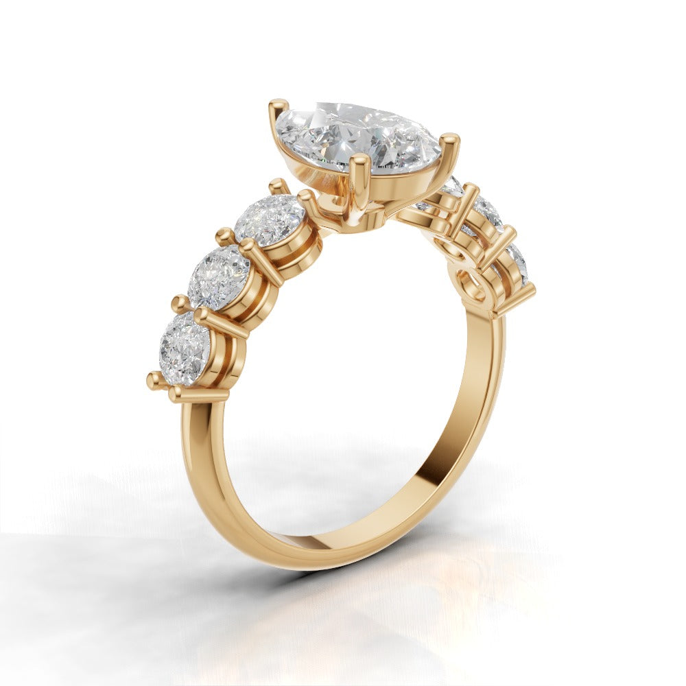 Cascata, 1.5ct pear lab grown diamond engagement ring, 3.5mm Side Stones, 18K yellow gold - ne