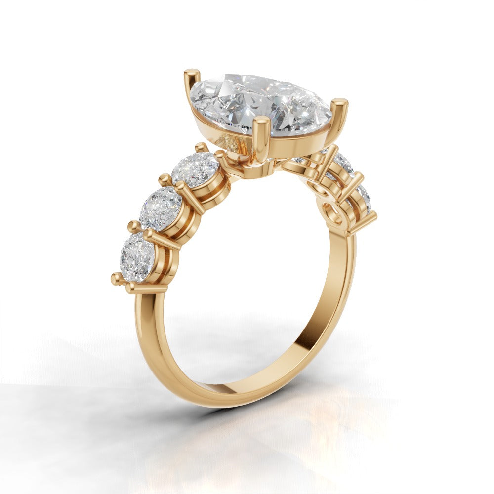 Cascata, 3ct pear lab grown diamond engagement ring, 3.5mm Side Stones, 18K yellow gold - ne