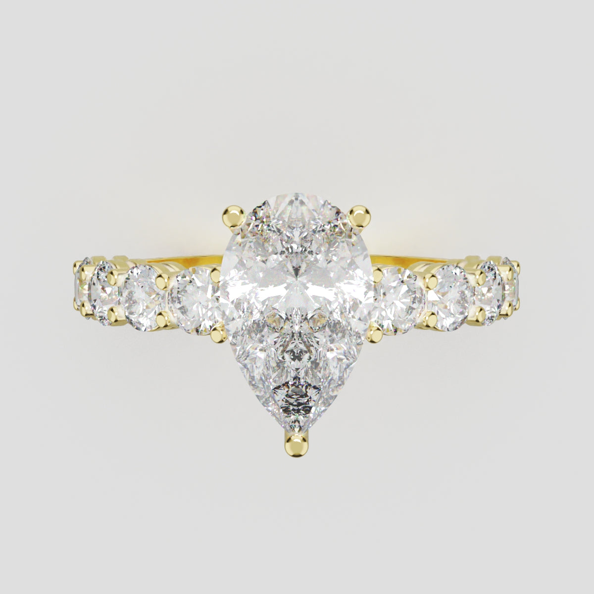 Lacrima, 1.5ct pear lab grown diamond engagement ring, 3mm Side Stones, 18K yellow gold - front view