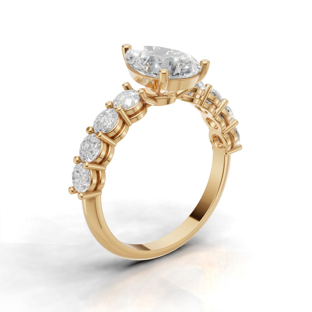 Lacrima, 1.5ct pear lab grown diamond engagement ring, 3mm Side Stones, 18K yellow gold - ne