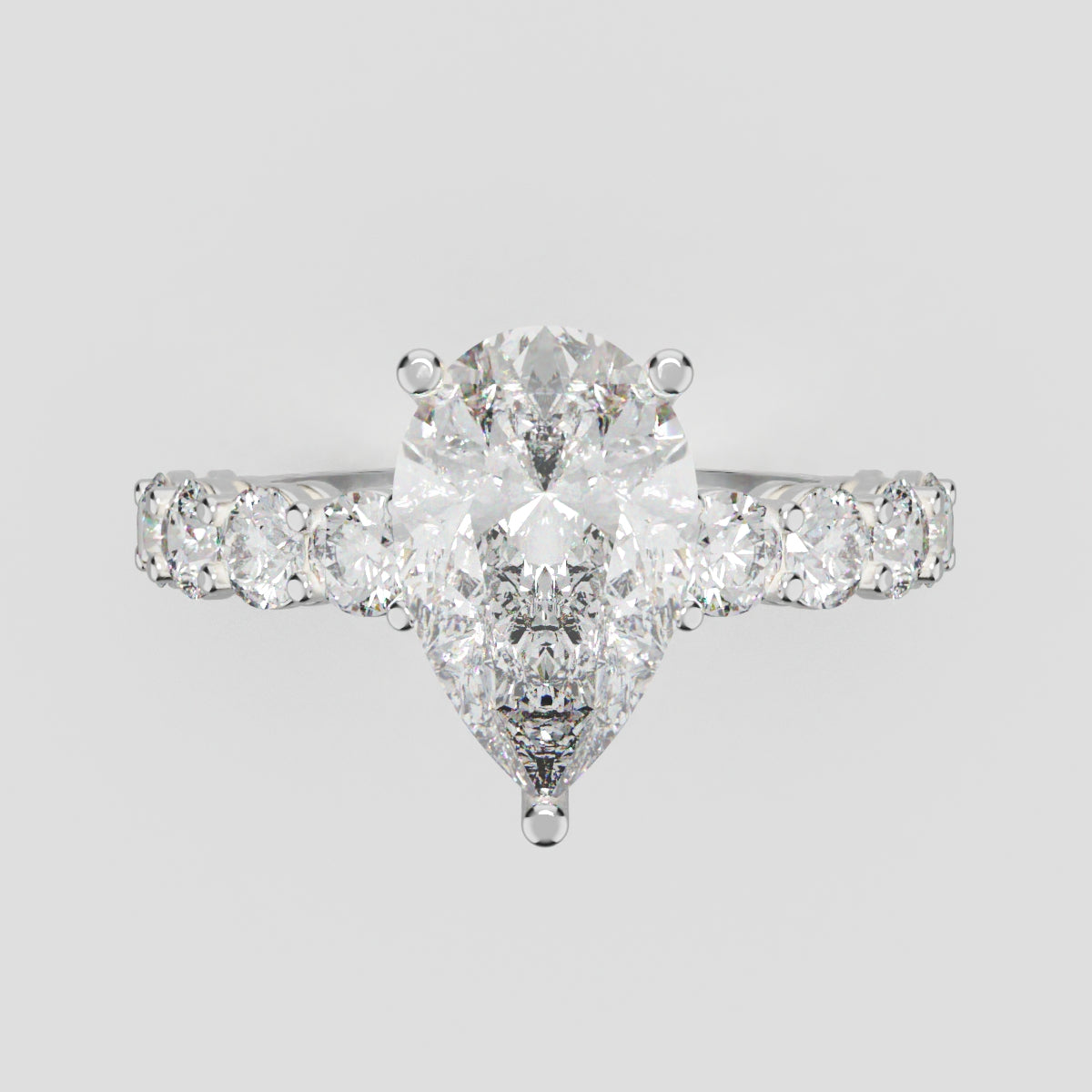 Lacrima, 2ct pear lab grown diamond engagement ring, 3mm Side Stones, 18K white gold - front view