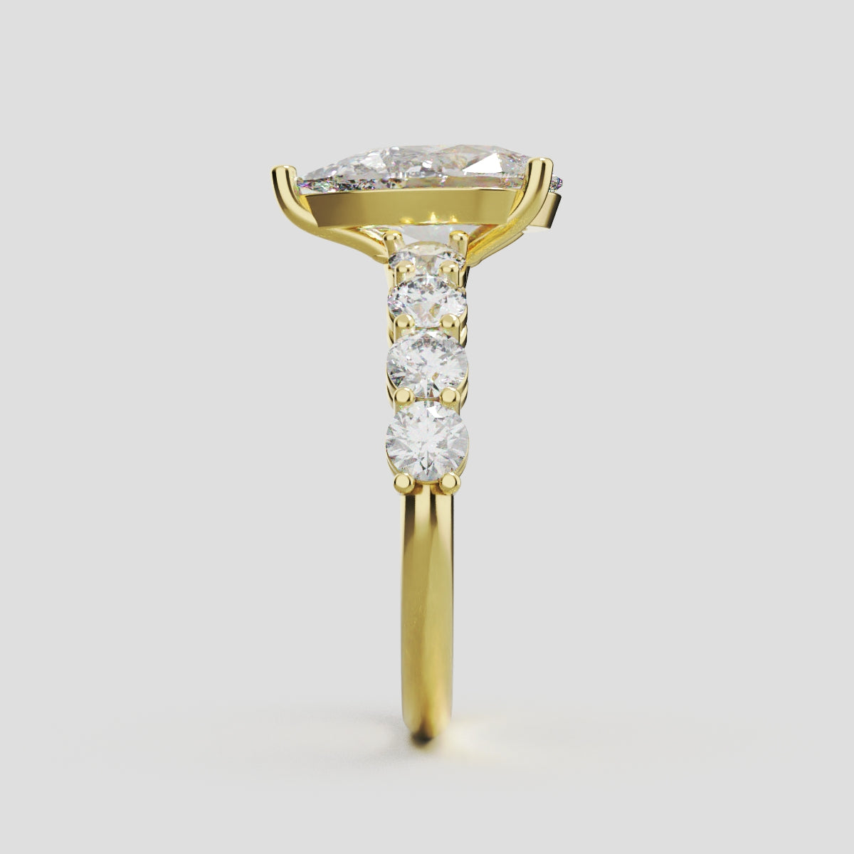 Lacrima, 2ct pear lab grown diamond engagement ring, 3mm Side Stones, 18K yellow gold - side view