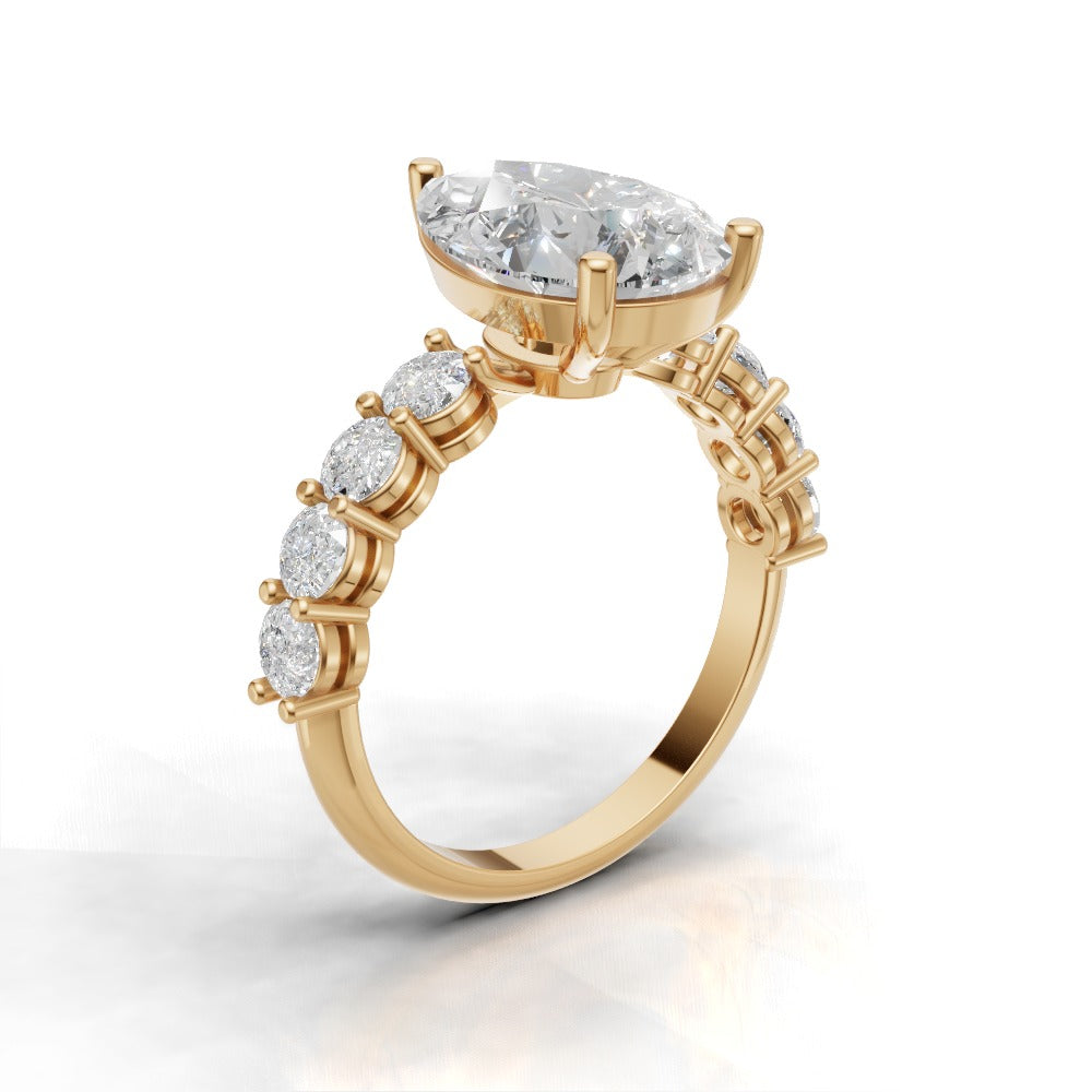 Lacrima, 3ct pear lab grown diamond engagement ring, 3mm Side Stones, 18K yellow gold - ne