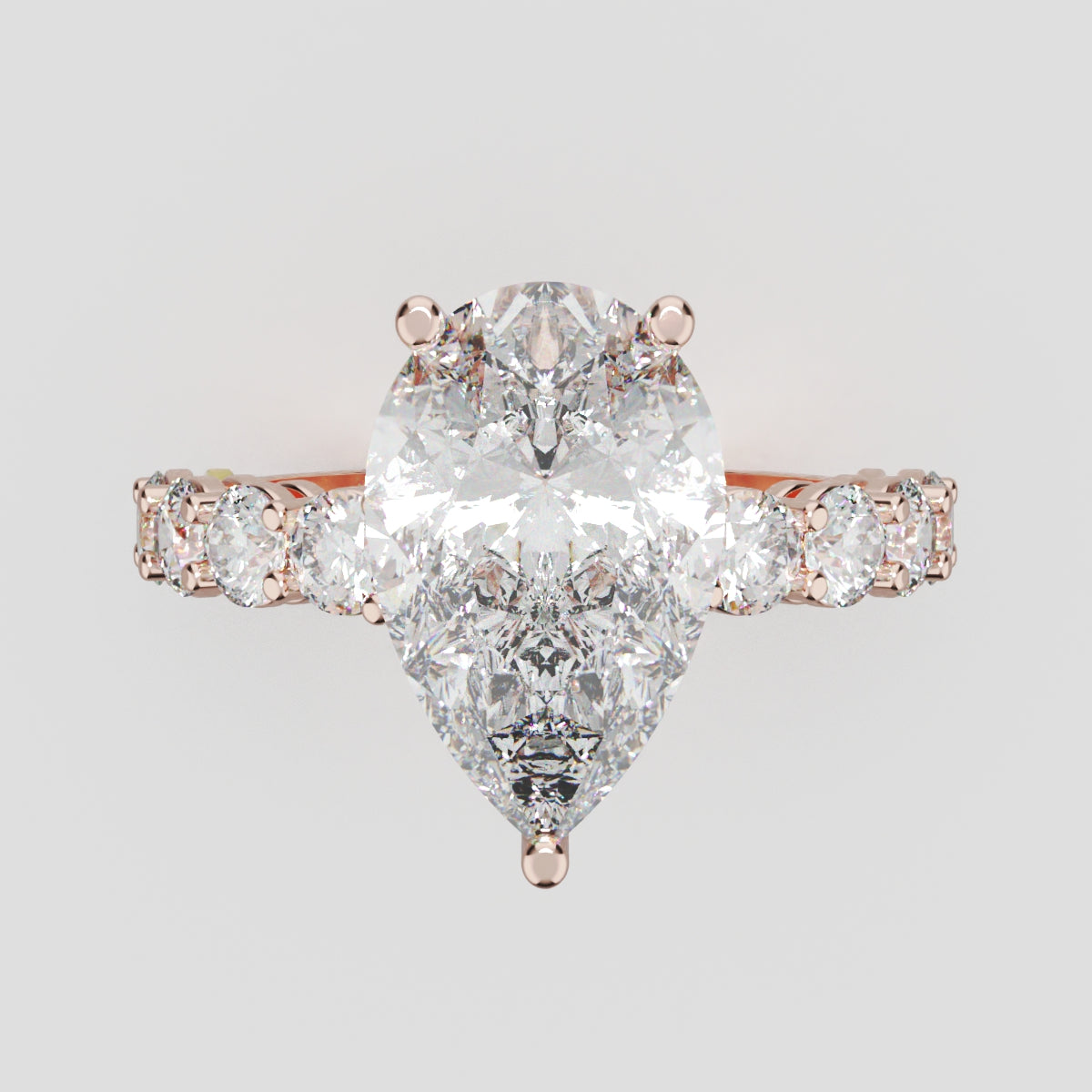 Lacrima, 3ct pear lab grown diamond engagement ring, 3mm Side Stones, 18K rose gold - front view