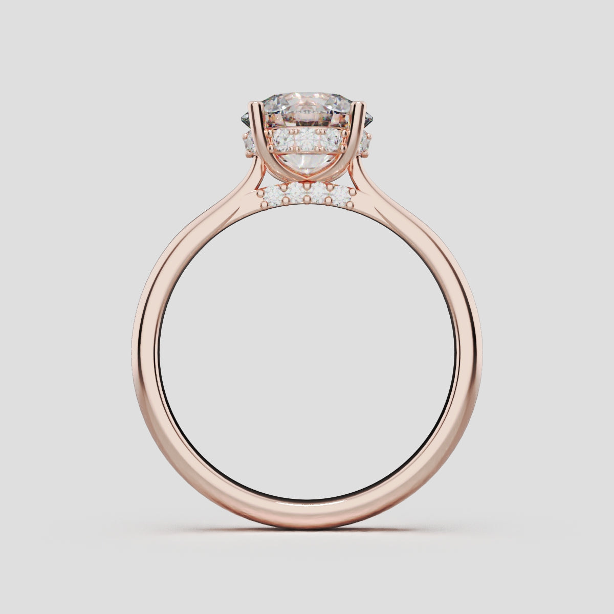 Arcata, 1.5ct round lab grown diamond engagement ring, Cathedral Hidden Halo Bridge, 18K rose gold - through finger
