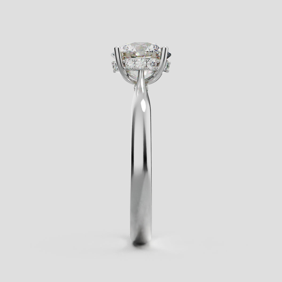 Arcata, 1.5ct round lab grown diamond engagement ring, Cathedral Hidden Halo Bridge, 18K white gold - side view