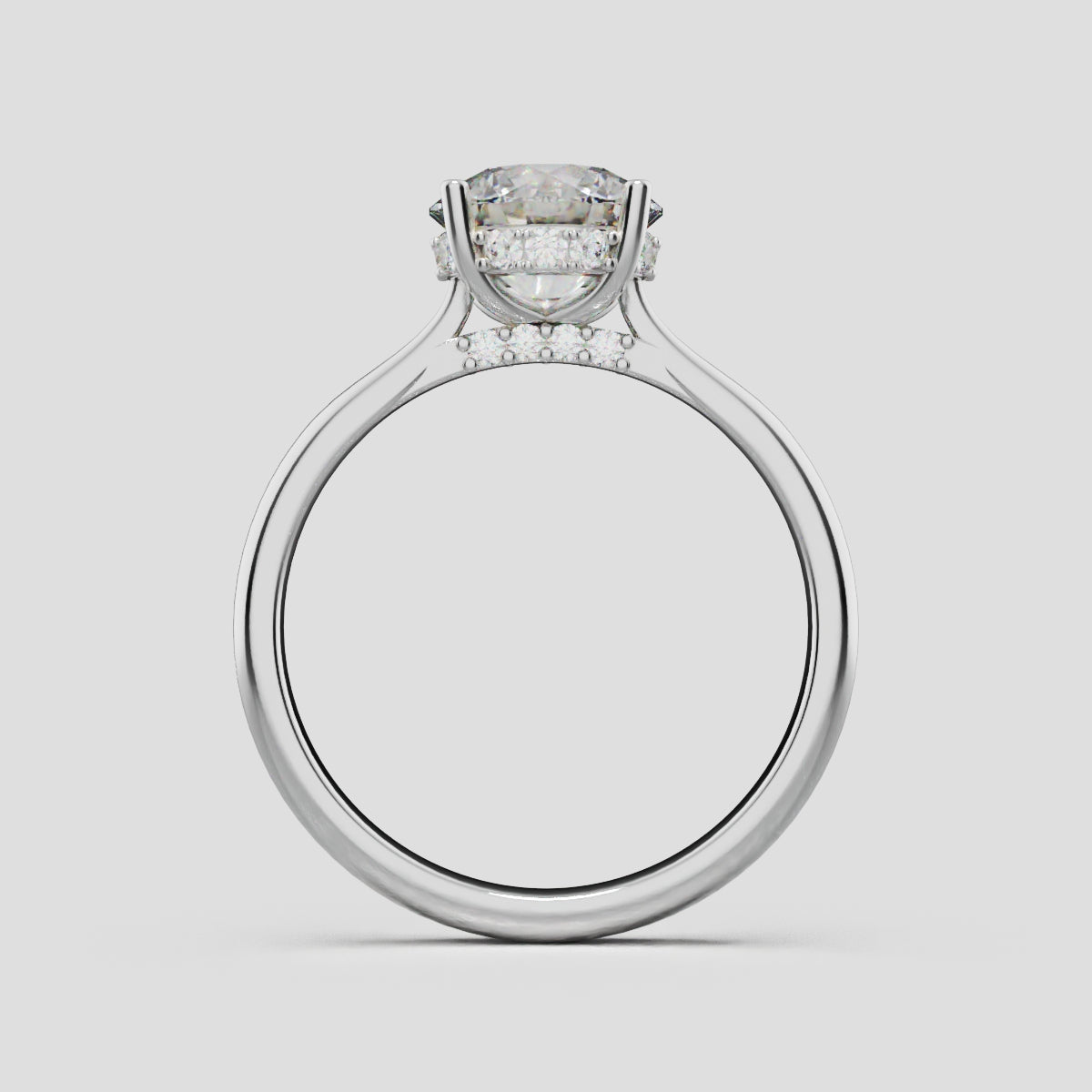 Arcata, 1.5ct round lab grown diamond engagement ring, Cathedral Hidden Halo Bridge, 18K white gold - through finger