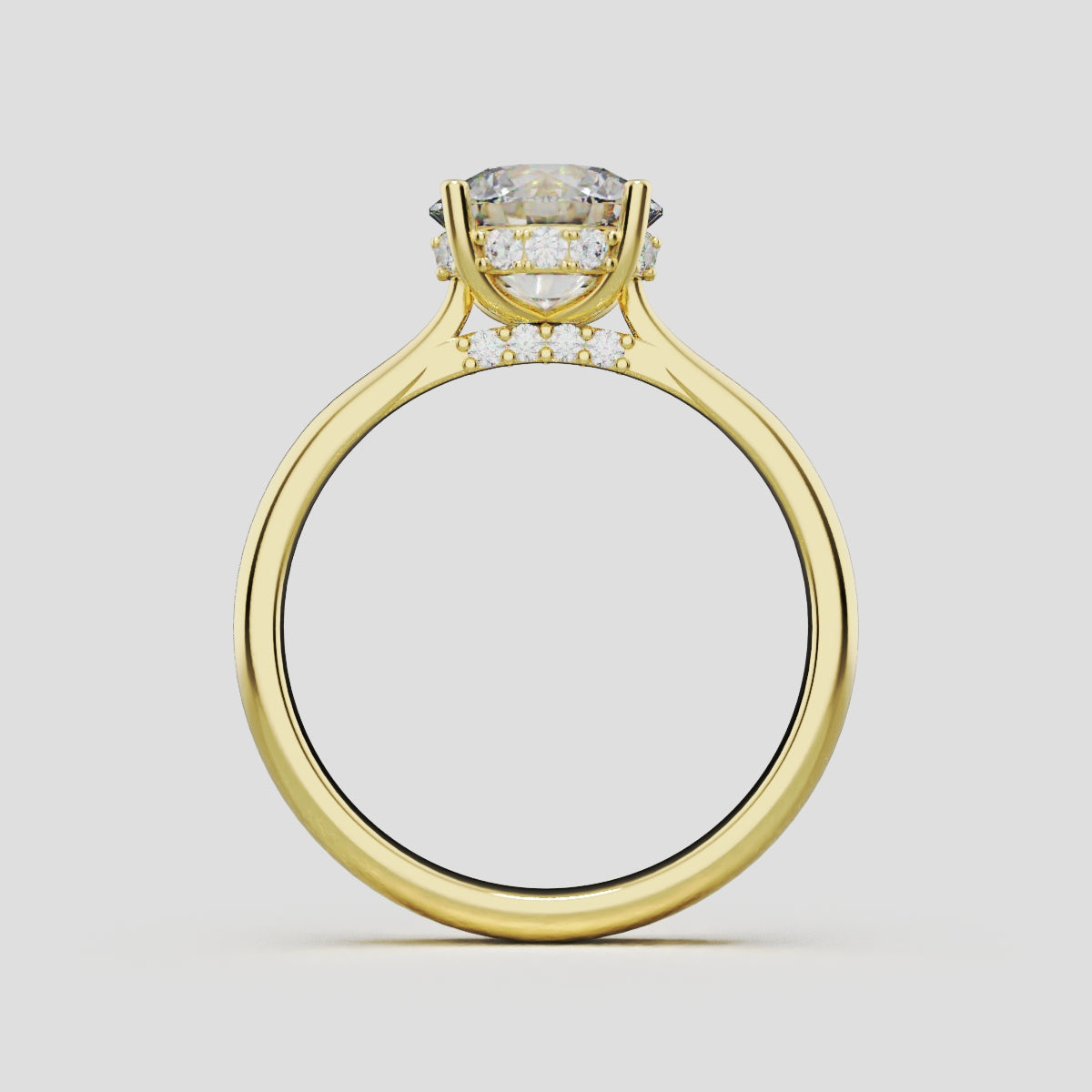 Arcata, 1.5ct round lab grown diamond engagement ring, Cathedral Hidden Halo Bridge, 18K yellow gold - through finger