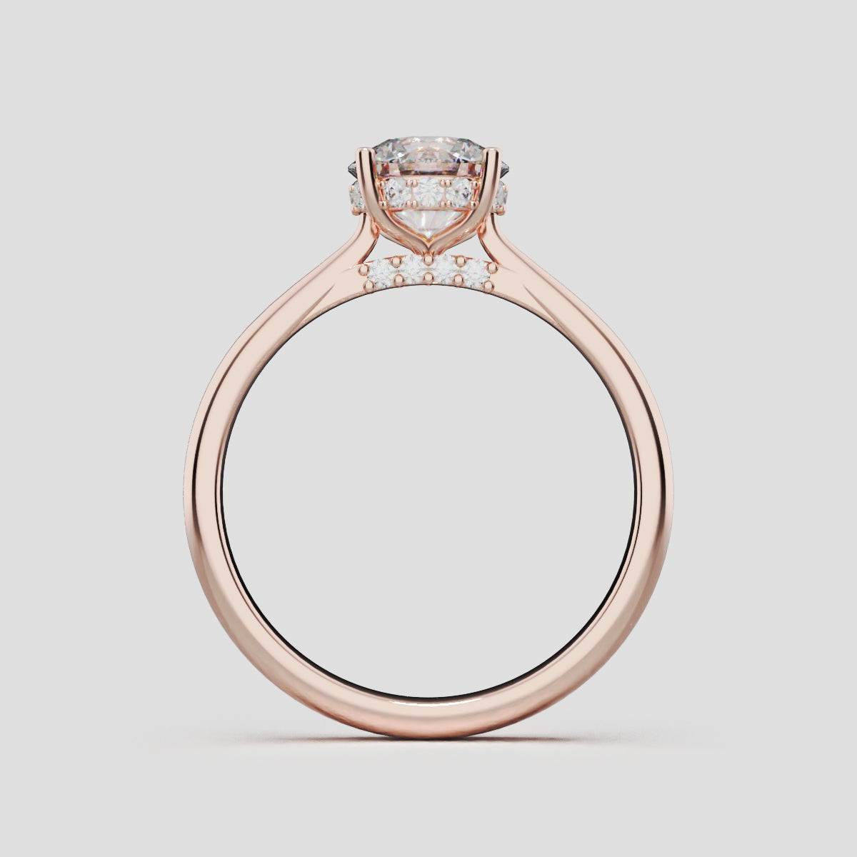 Arcata, 1ct round lab grown diamond engagement ring, Cathedral Hidden Halo Bridge, 18K rose gold - through finger