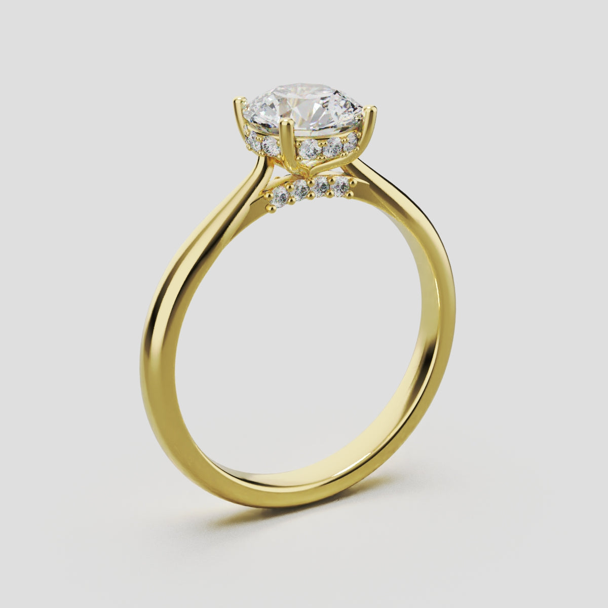 Arcata, 1ct round lab grown diamond engagement ring, Cathedral Hidden Halo Bridge, 18K yellow gold - ne