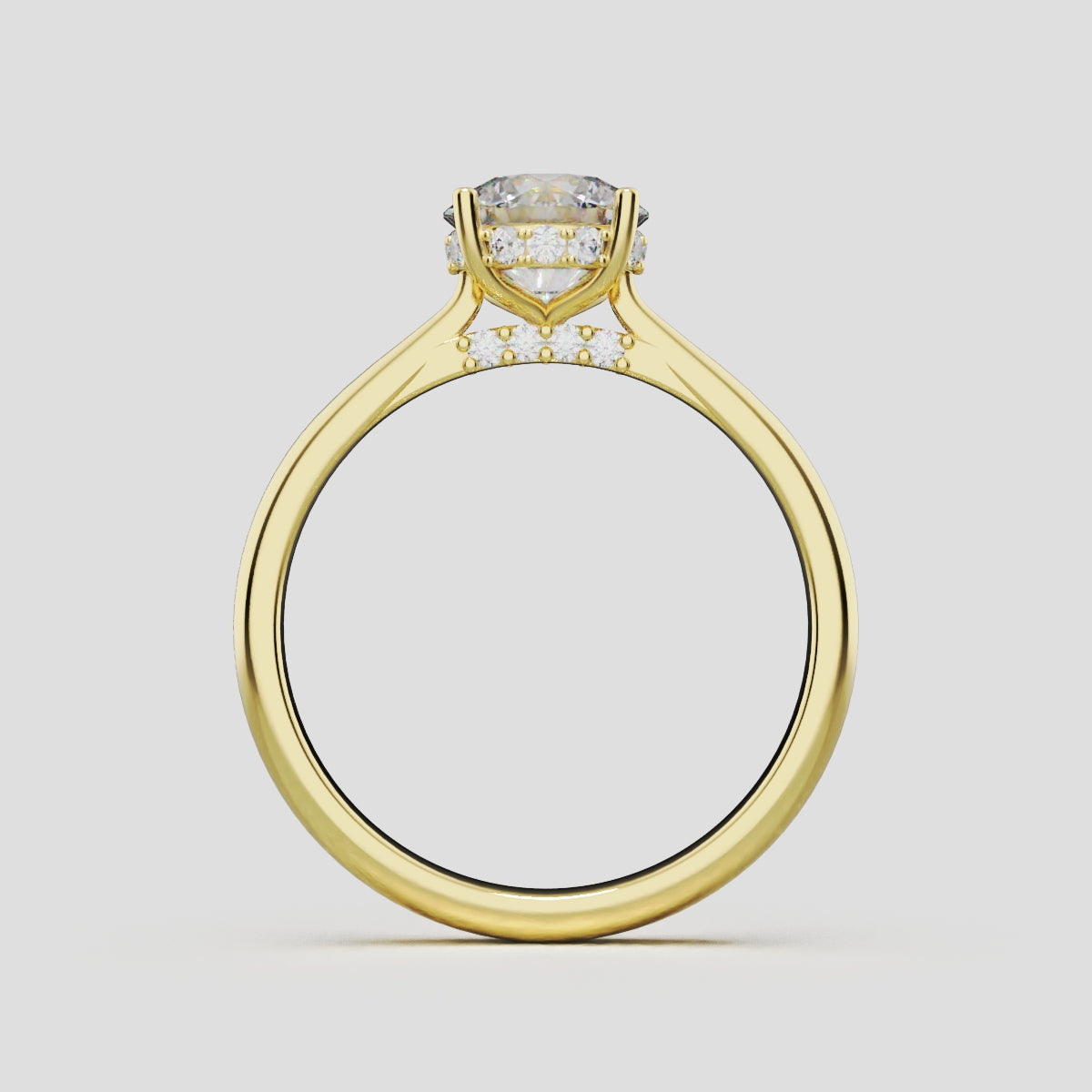Arcata, 1ct round lab grown diamond engagement ring, Cathedral Hidden Halo Bridge, 18K yellow gold - through finger