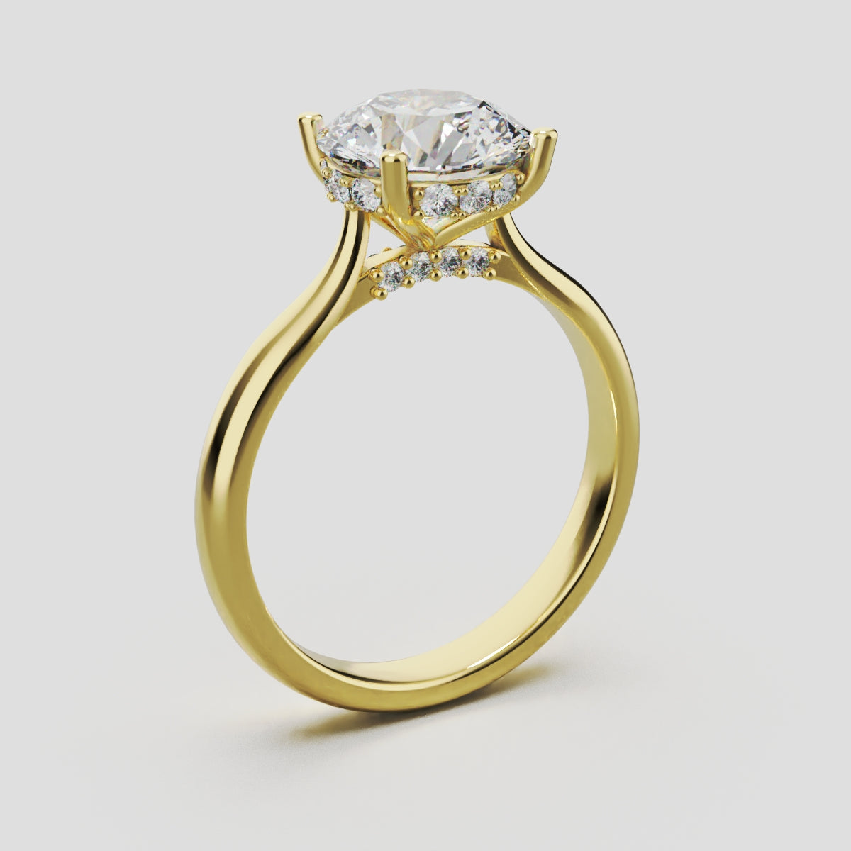 Arcata, 2ct round lab grown diamond engagement ring, Cathedral Hidden Halo Bridge, 18K yellow gold - ne