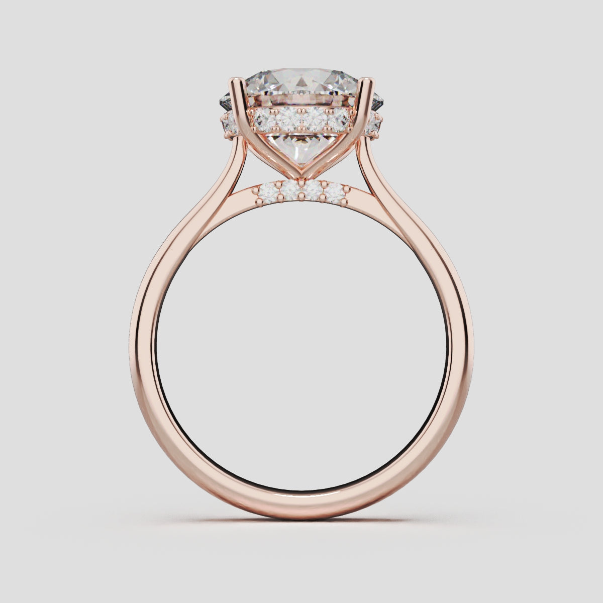 Arcata, 3ct round lab grown diamond engagement ring, Cathedral Hidden Halo Bridge, 18K rose gold - through finger