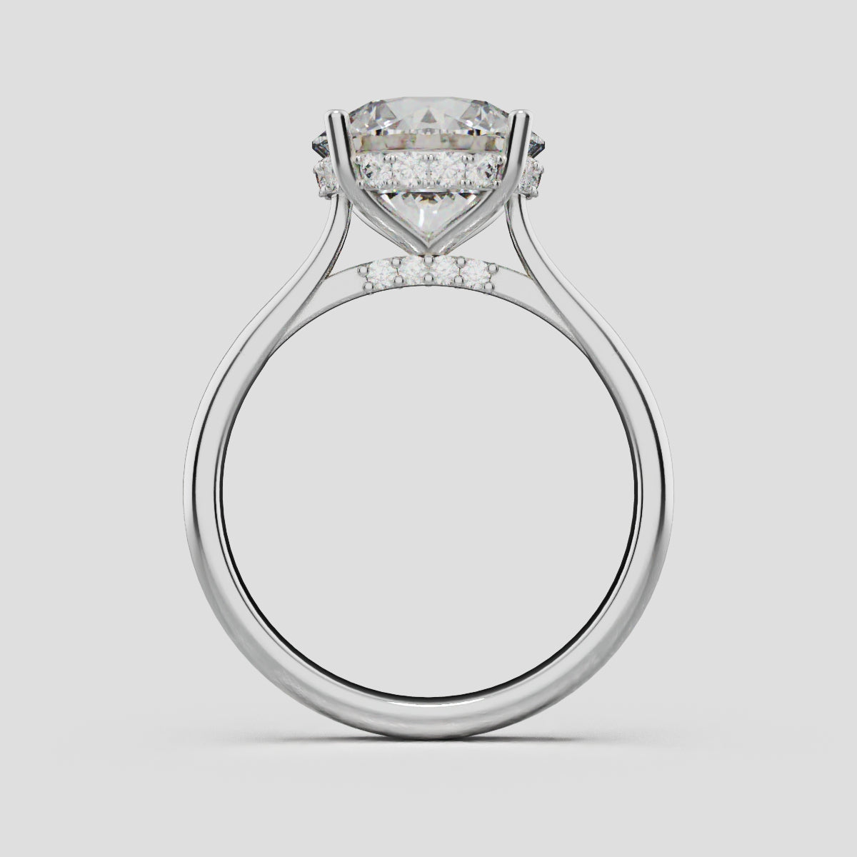 Arcata, 3ct round lab grown diamond engagement ring, Cathedral Hidden Halo Bridge, 18K white gold - through finger