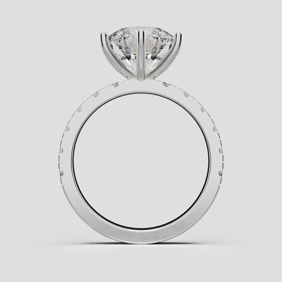 Via Lattea, 3ct round lab grown diamond engagement ring, 2.3mm Pave, 6 Prongs, 18K white gold - through finger