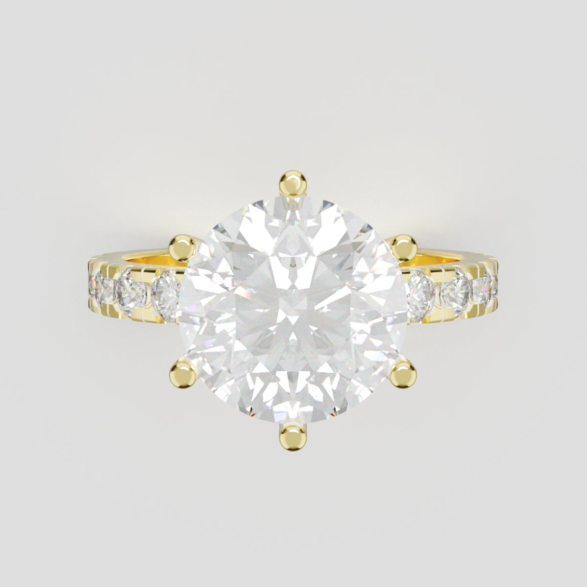 Via Lattea, 3ct round lab grown diamond engagement ring, 2.3mm Pave, 6 Prongs, 18K yellow gold - front view