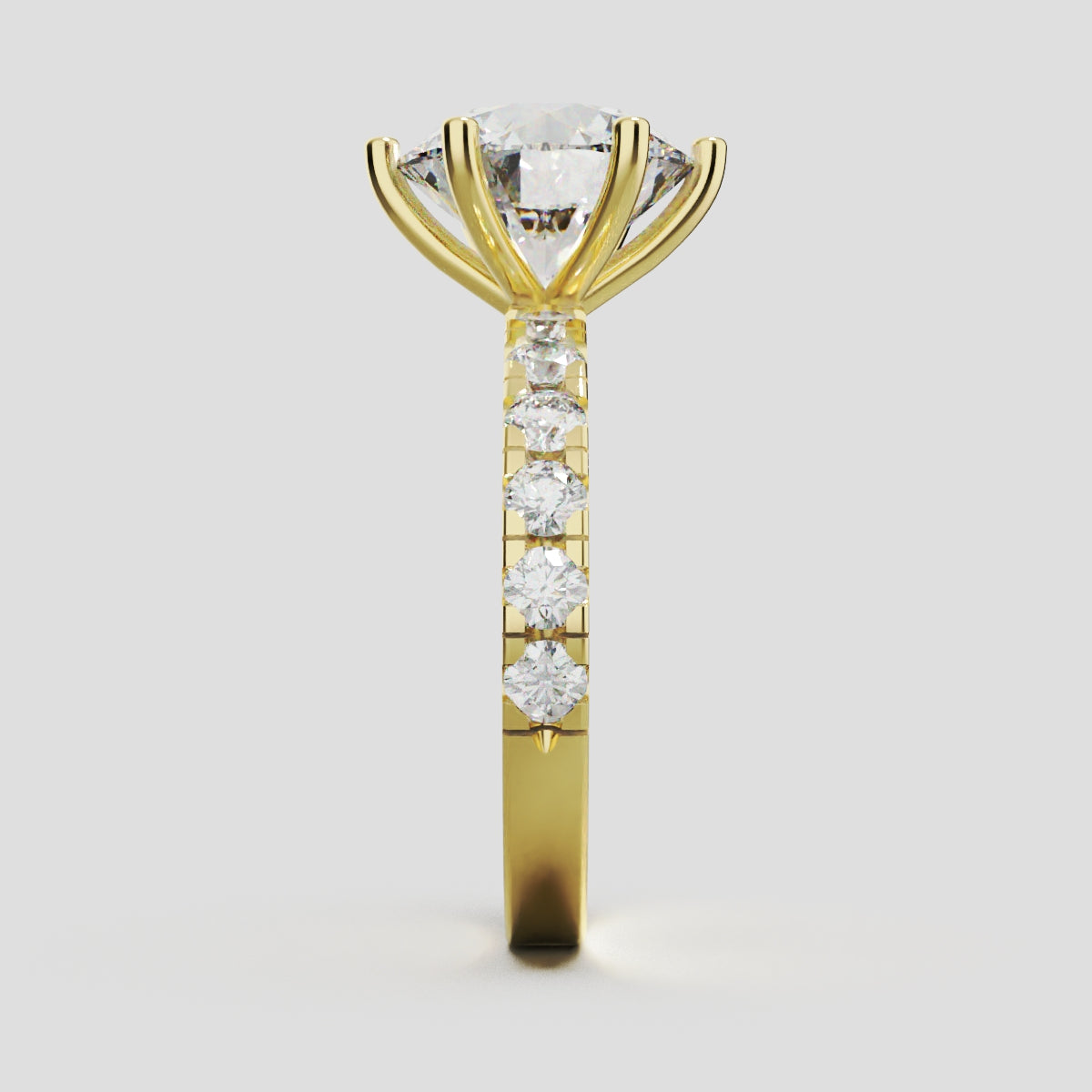 Via Lattea, 3ct round lab grown diamond engagement ring, 2.3mm Pave, 6 Prongs, 18K yellow gold - side view