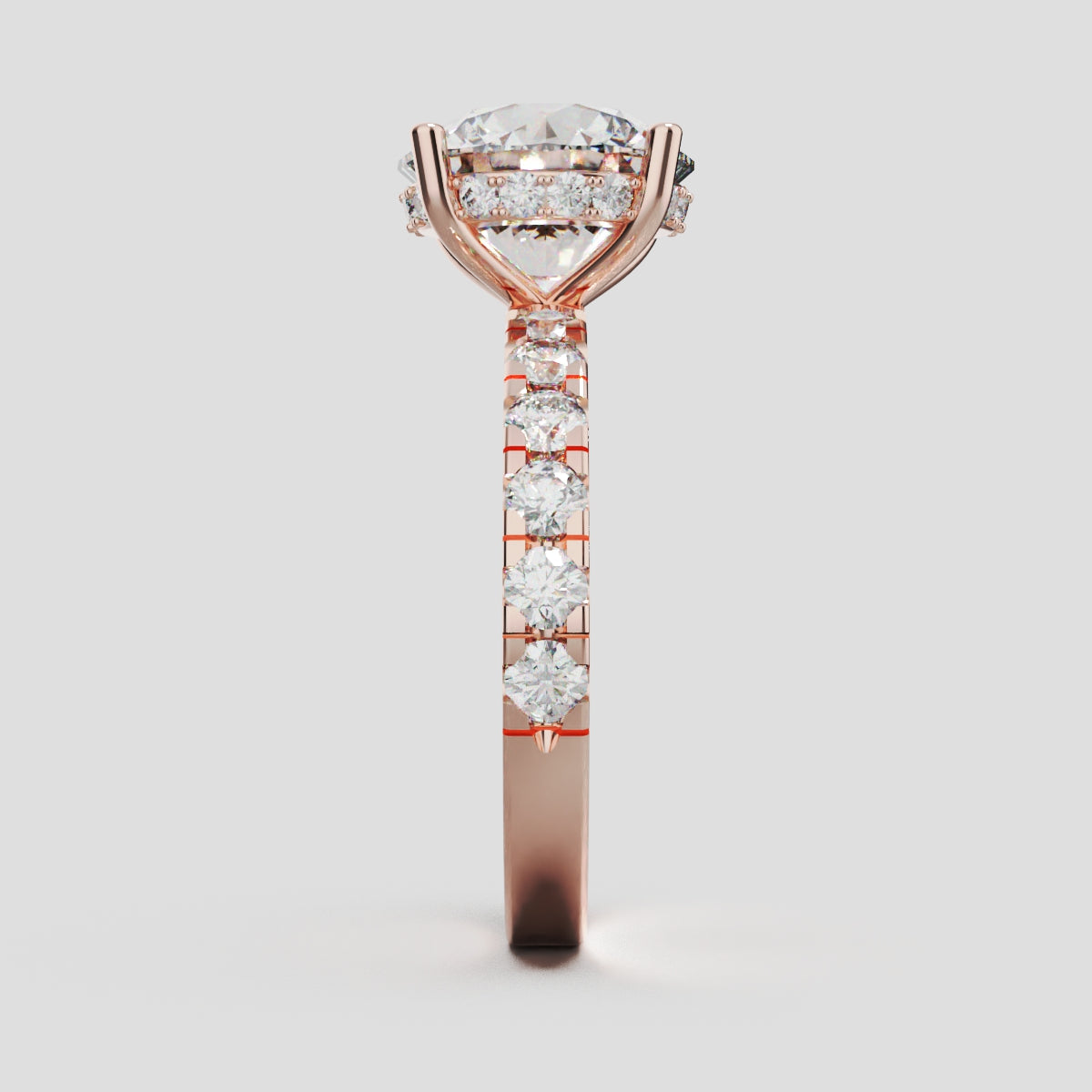 Eclissi, 3ct round lab grown diamond engagement ring, 2.3mm Pave, Hidden Halo, 18K rose gold - side view