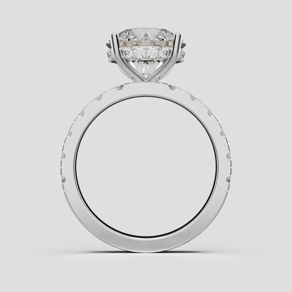Eclissi, 3ct round lab grown diamond engagement ring, 2.3mm Pave, Hidden Halo, 18K white gold - through finger