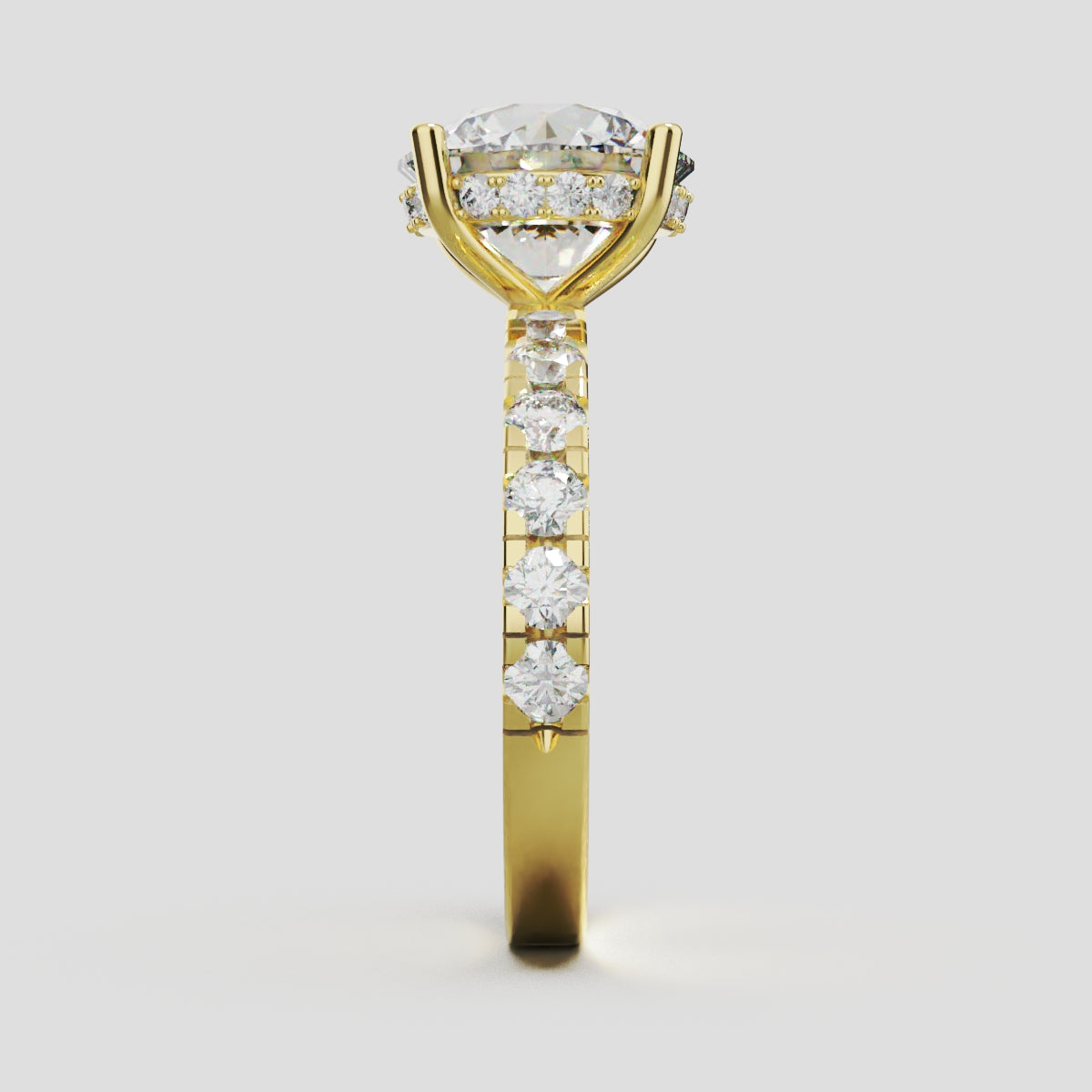 Eclissi, 3ct round lab grown diamond engagement ring, 2.3mm Pave, Hidden Halo, 18K yellow gold - side view