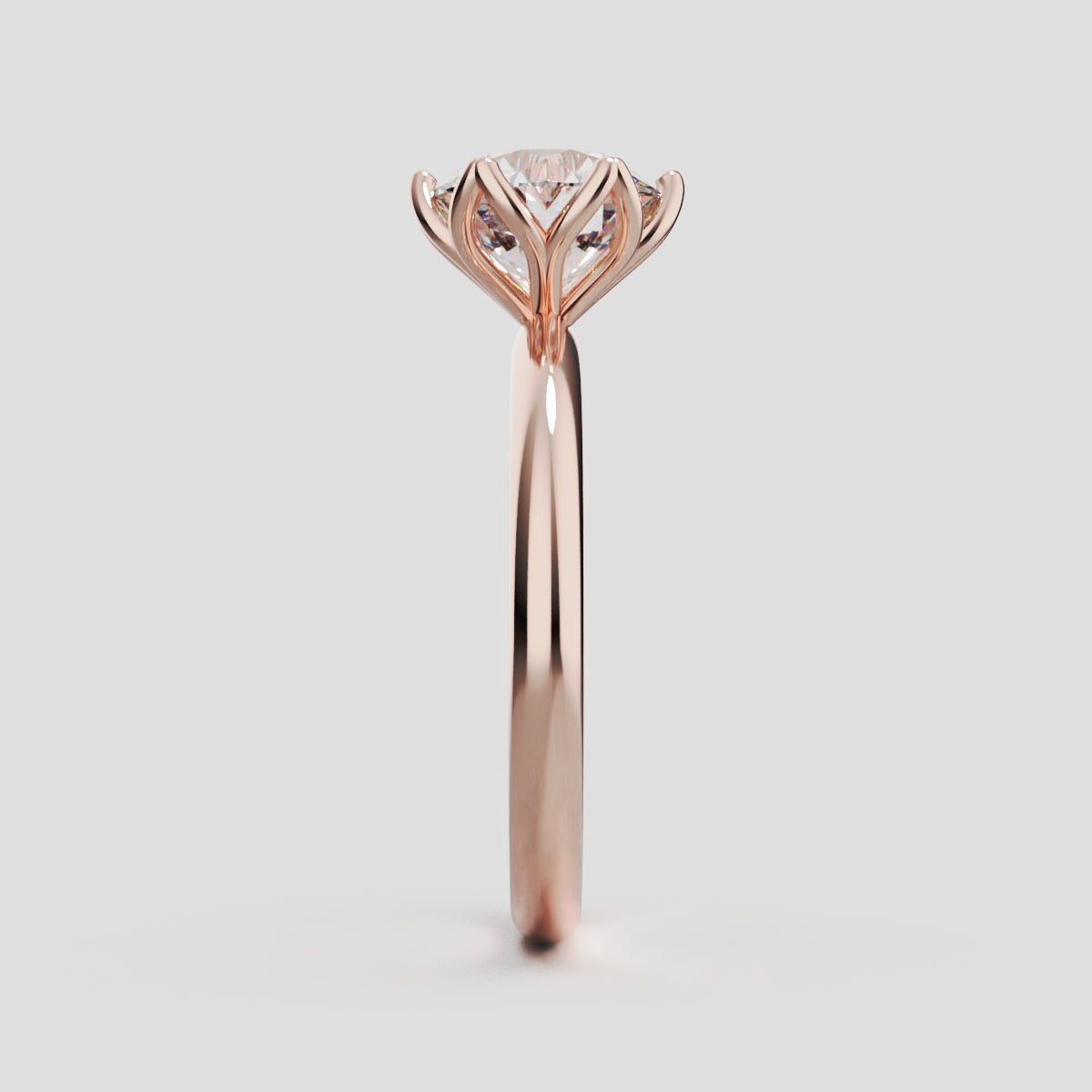 Fiorita, 1.5ct round lab grown diamond engagement ring, Petal Visible, 18K rose gold - side view
