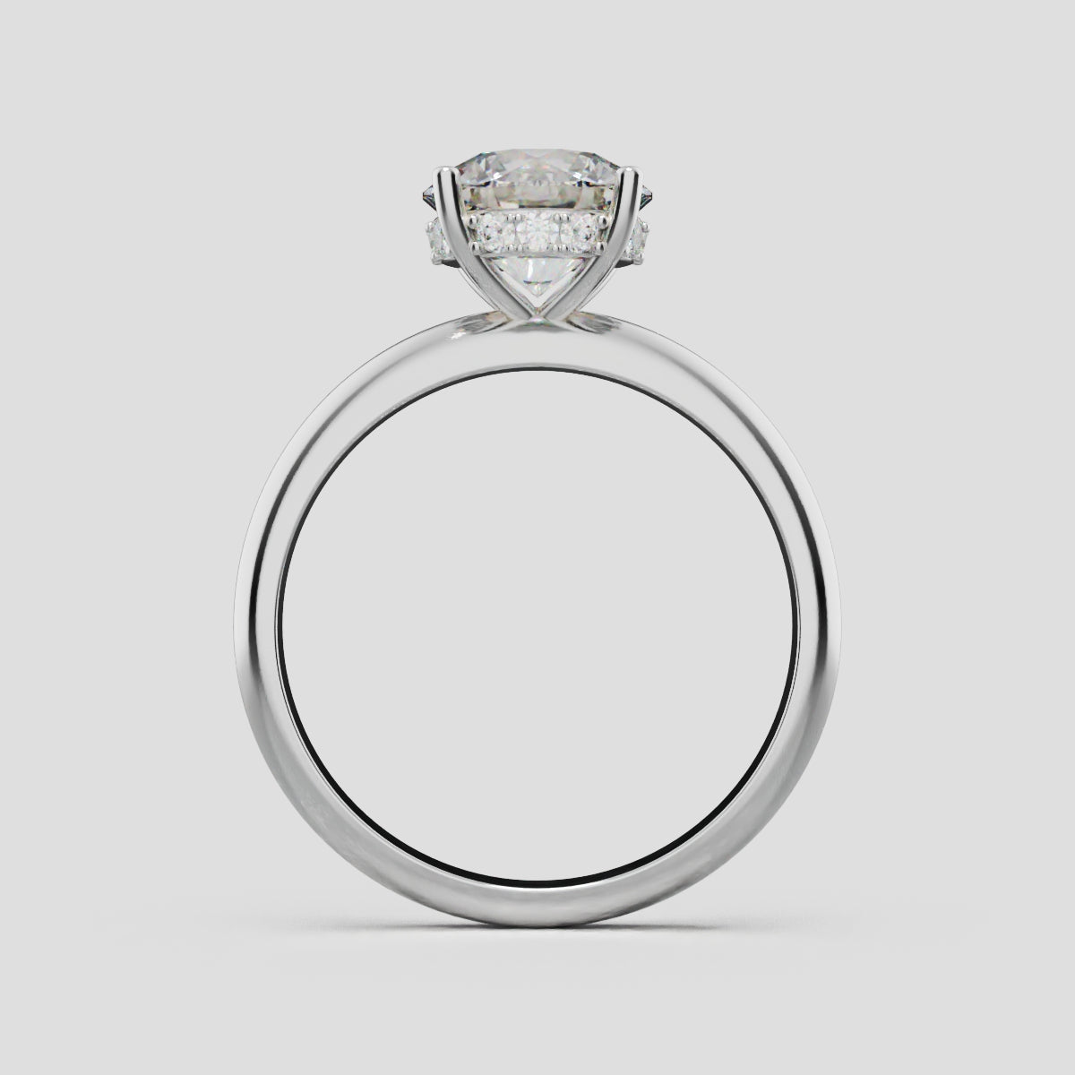 Segreto, 1.5ct round lab grown diamond engagement ring, Plain Sides, Hidden Halo, 4 Prongs, 18K white gold - through finger