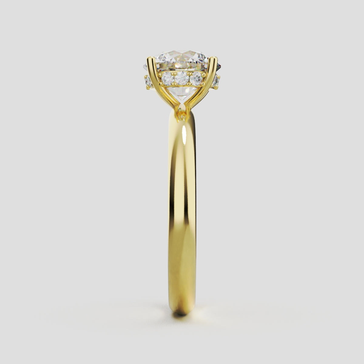 Segreto, 1.5ct round lab grown diamond engagement ring, Plain Sides, Hidden Halo, 4 Prongs, 18K yellow gold - side view