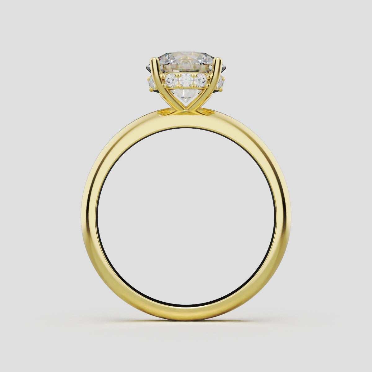 Segreto, 1.5ct round lab grown diamond engagement ring, Plain Sides, Hidden Halo, 4 Prongs, 18K yellow gold - through finger