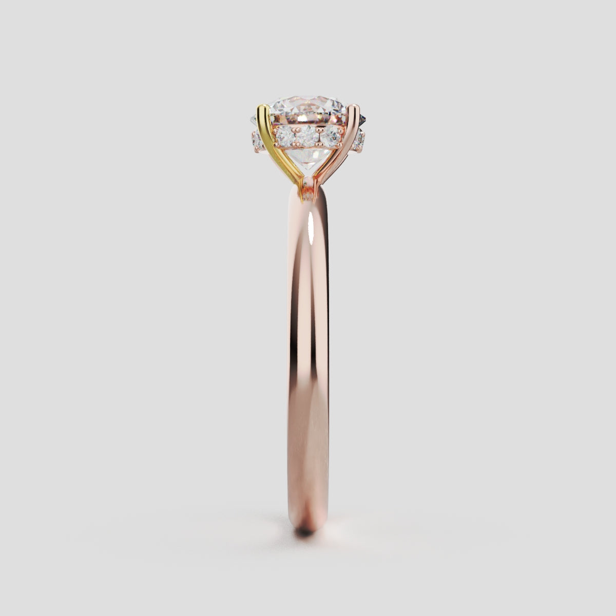 Segreto, 1ct round lab grown diamond engagement ring, Plain Sides, Hidden Halo, 4 Prongs, 18K rose gold - side view