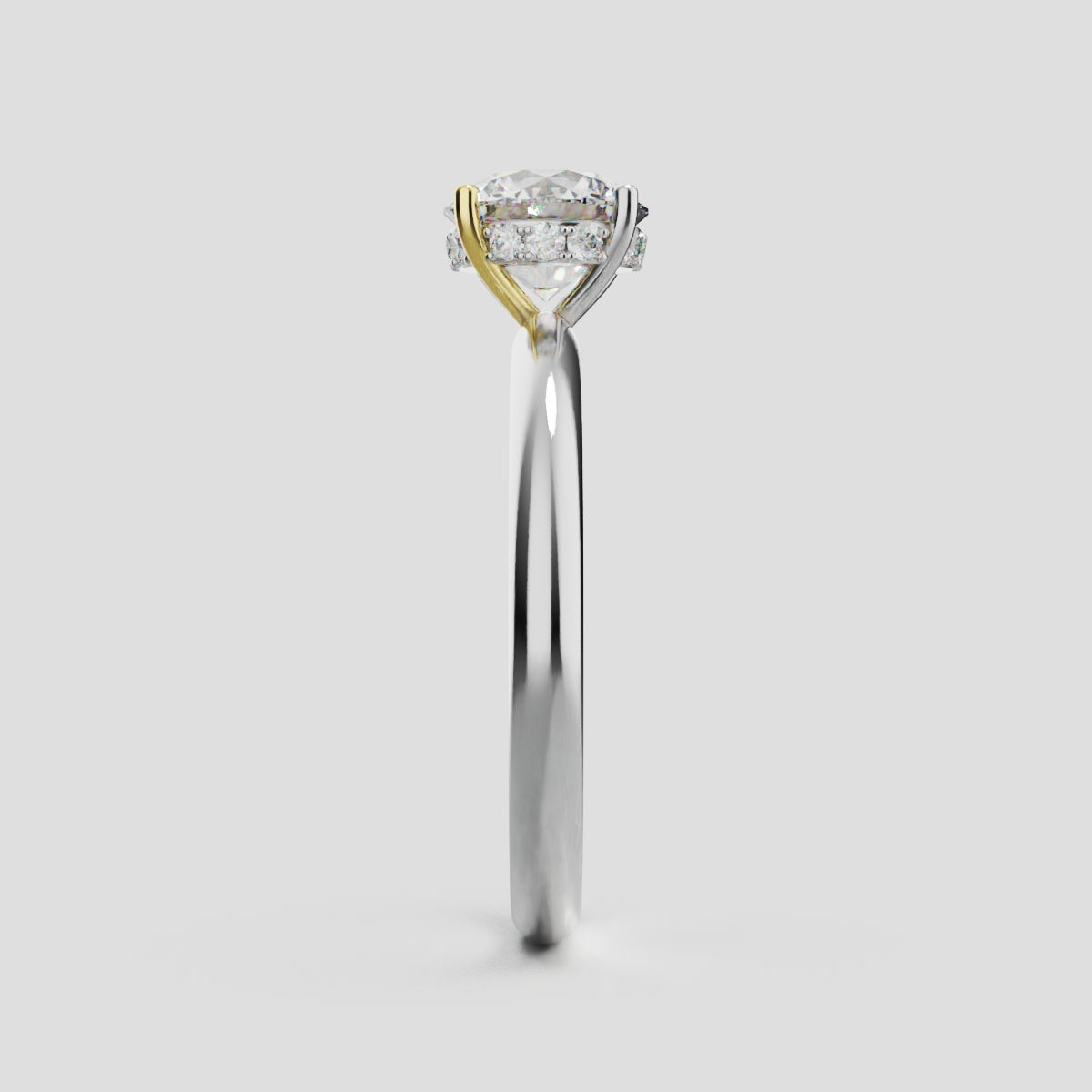 Segreto, 1ct round lab grown diamond engagement ring, Plain Sides, Hidden Halo, 4 Prongs, 18K white gold - side view