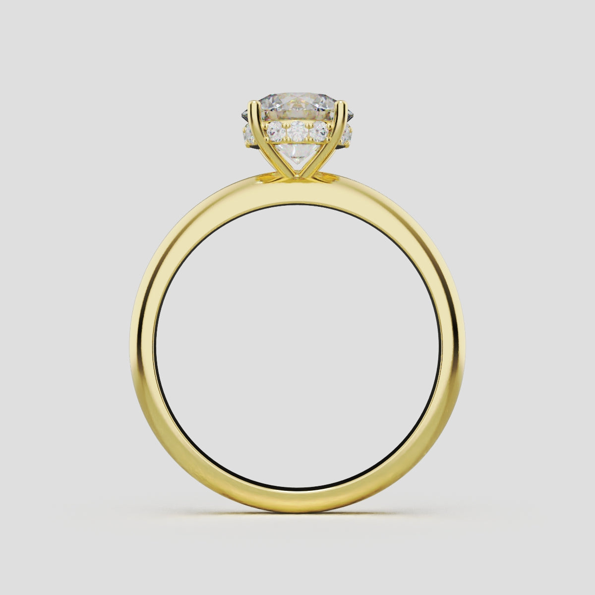 Segreto, 1ct round lab grown diamond engagement ring, Plain Sides, Hidden Halo, 4 Prongs, 18K yellow gold - through finger