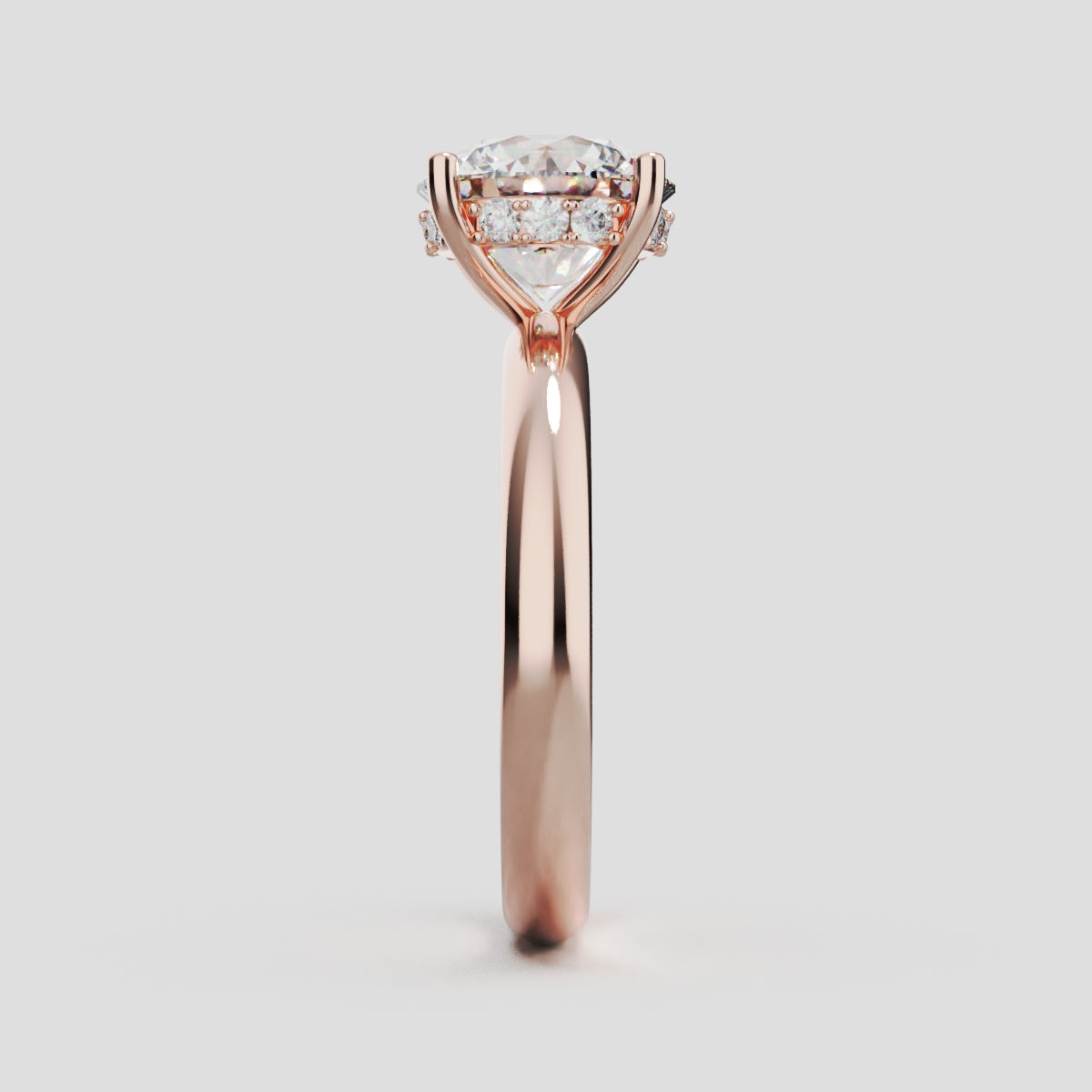 Segreto, 2ct round lab grown diamond engagement ring, Plain Sides, Hidden Halo, 4 Prongs, 18K rose gold - side view