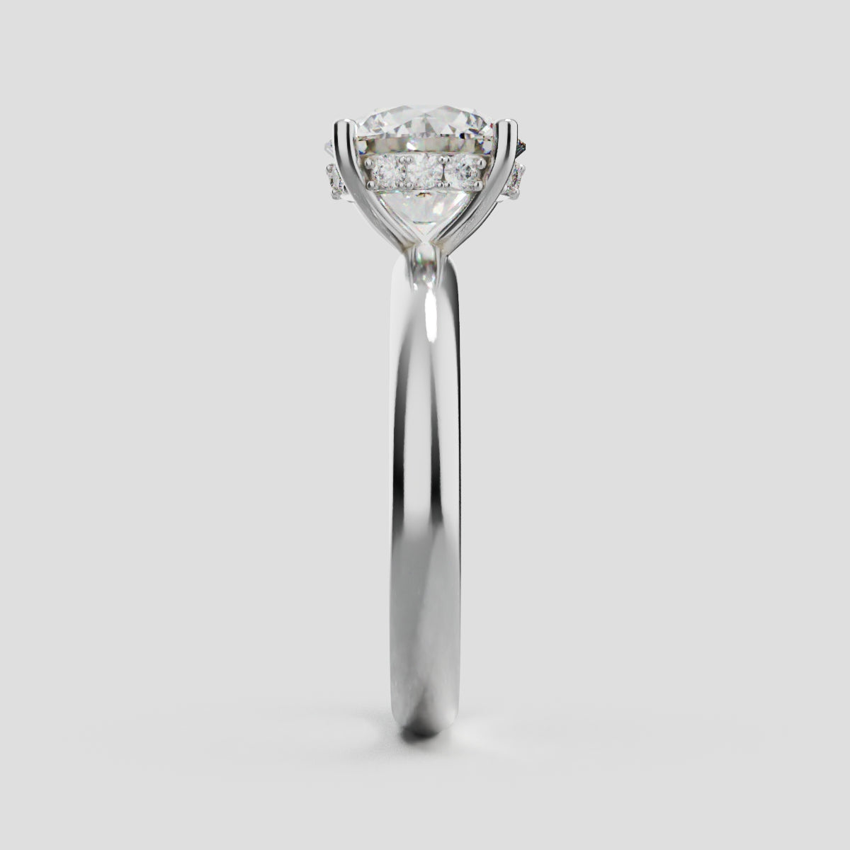 Segreto, 2ct round lab grown diamond engagement ring, Plain Sides, Hidden Halo, 4 Prongs, 18K white gold - side view