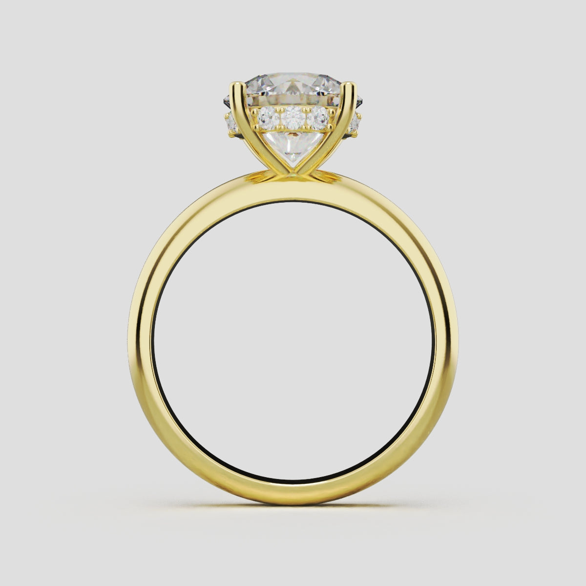 Segreto, 2ct round lab grown diamond engagement ring, Plain Sides, Hidden Halo, 4 Prongs, 18K yellow gold - through finger