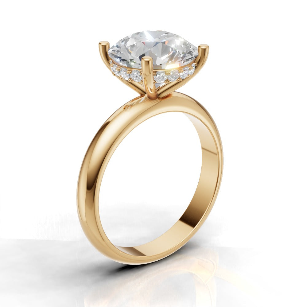 Segreto, 3ct round lab grown diamond engagement ring, Plain Sides, Hidden Halo, 4 Prongs, 18K yellow gold - ne