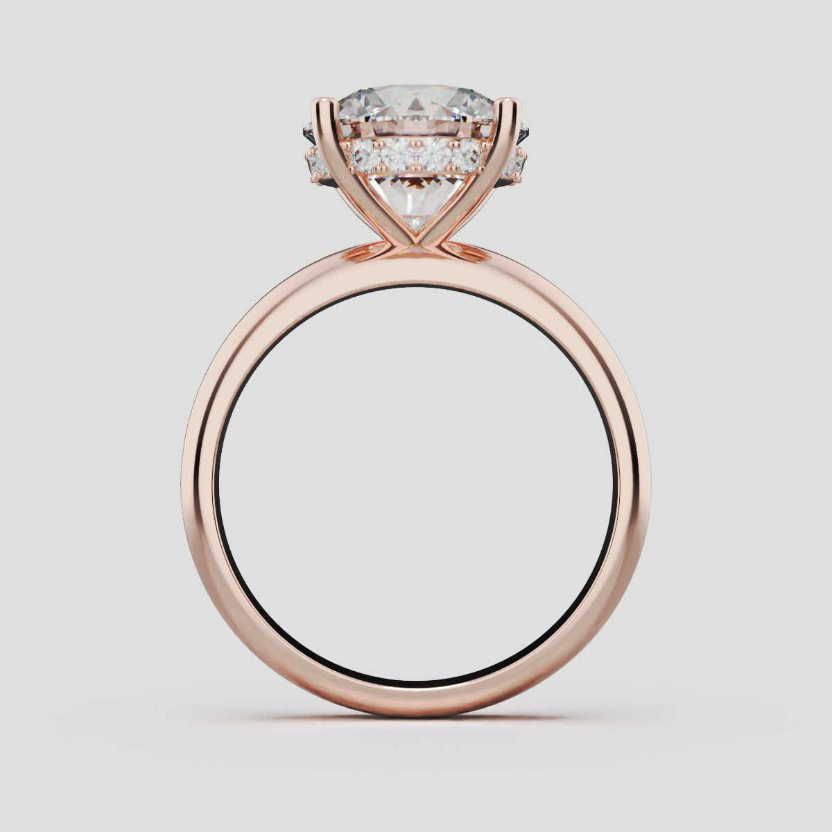 Segreto, 3ct round lab grown diamond engagement ring, Plain Sides, Hidden Halo, 4 Prongs, 18K rose gold - through finger