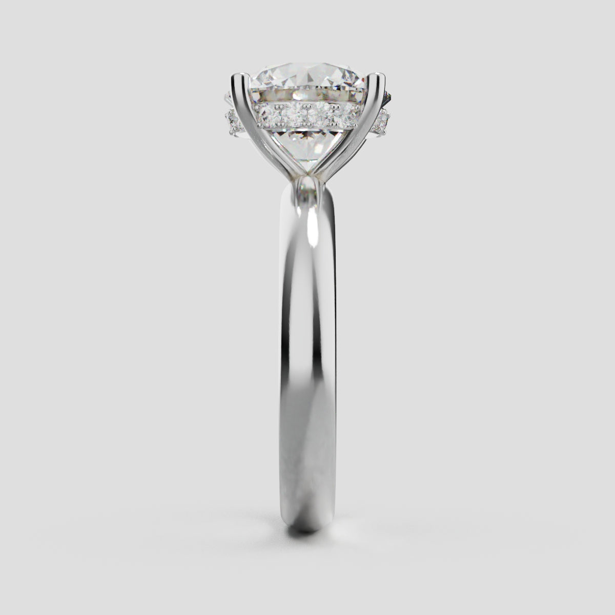 Segreto, 3ct round lab grown diamond engagement ring, Plain Sides, Hidden Halo, 4 Prongs, 18K white gold - side view