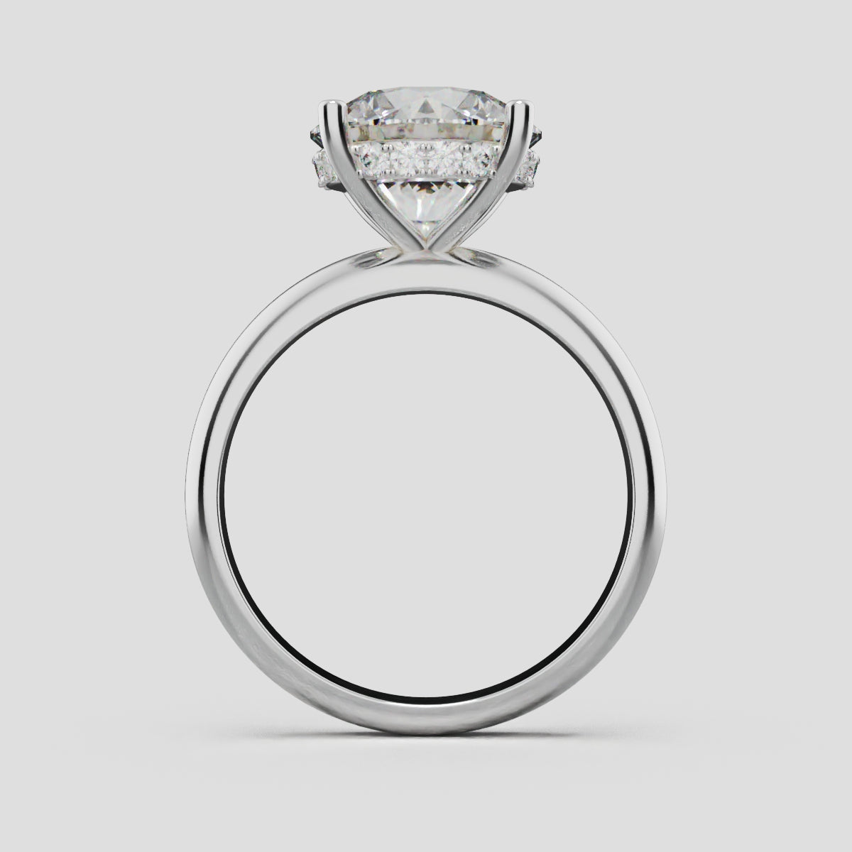 Segreto, 3ct round lab grown diamond engagement ring, Plain Sides, Hidden Halo, 4 Prongs, 18K white gold - through finger