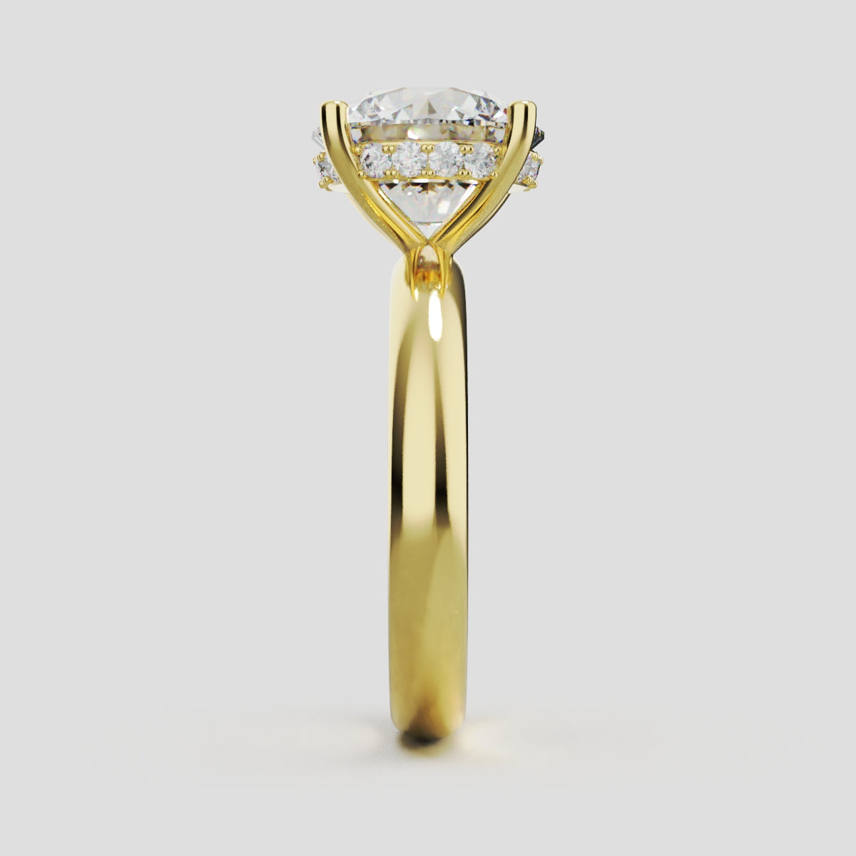 Segreto, 3ct round lab grown diamond engagement ring, Plain Sides, Hidden Halo, 4 Prongs, 18K yellow gold - side view