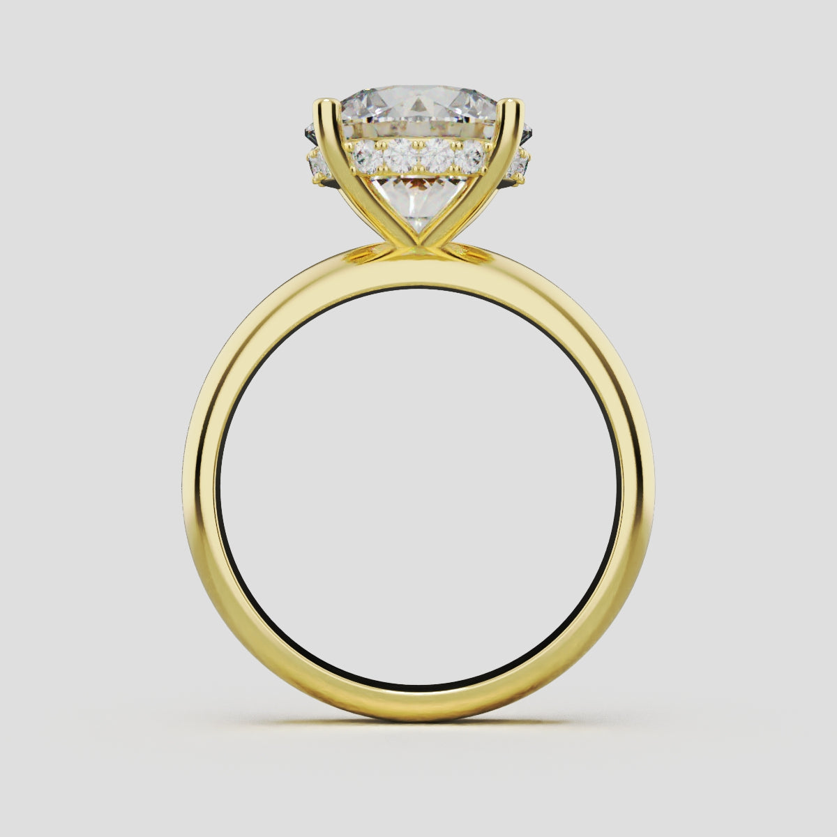 Segreto, 3ct round lab grown diamond engagement ring, Plain Sides, Hidden Halo, 4 Prongs, 18K yellow gold - through finger