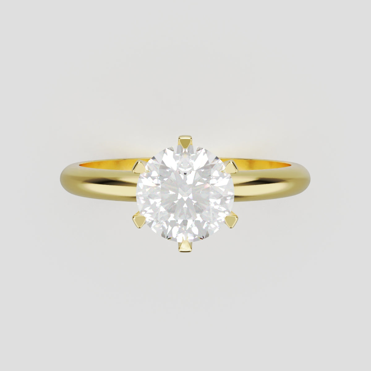 Retta, 1ct round lab grown diamond engagement ring, Plain Sides, 6 Prongs, Fixed Width, 18K yellow gold - front view