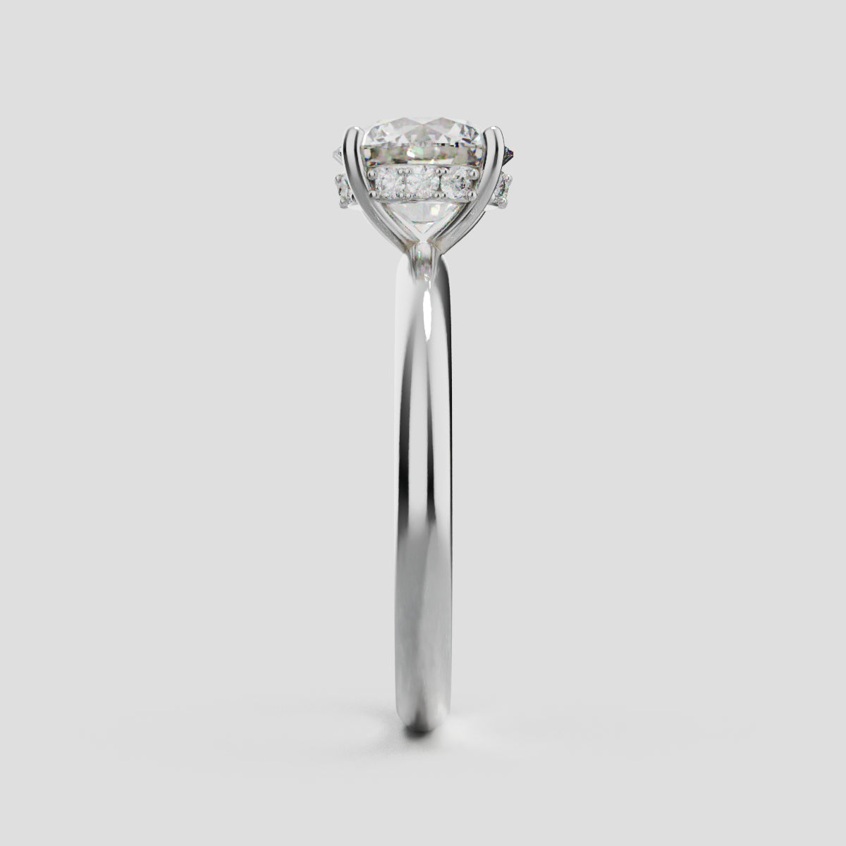 Costante, 1.5ct round lab grown diamond engagement ring, Plain Sides, Hidden Halo, 4 Prongs, Fixed Width, 18K white gold - side view