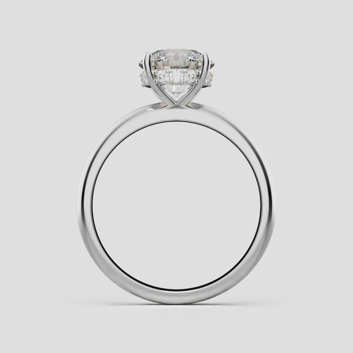 Costante, 1.5ct round lab grown diamond engagement ring, Plain Sides, Hidden Halo, 4 Prongs, Fixed Width, 18K white gold - through finger