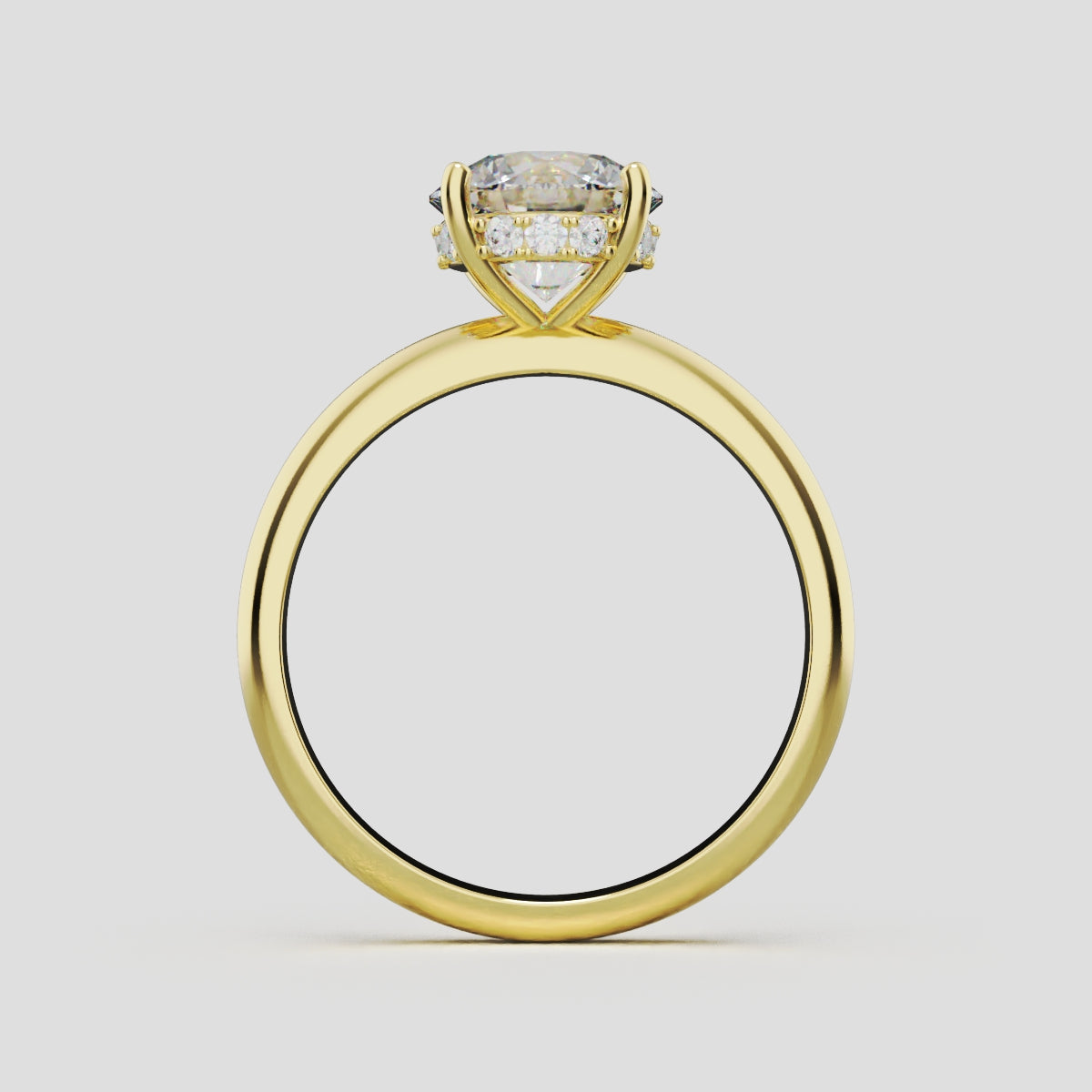 Costante, 1.5ct round lab grown diamond engagement ring, Plain Sides, Hidden Halo, 4 Prongs, Fixed Width, 18K yellow gold - through finger