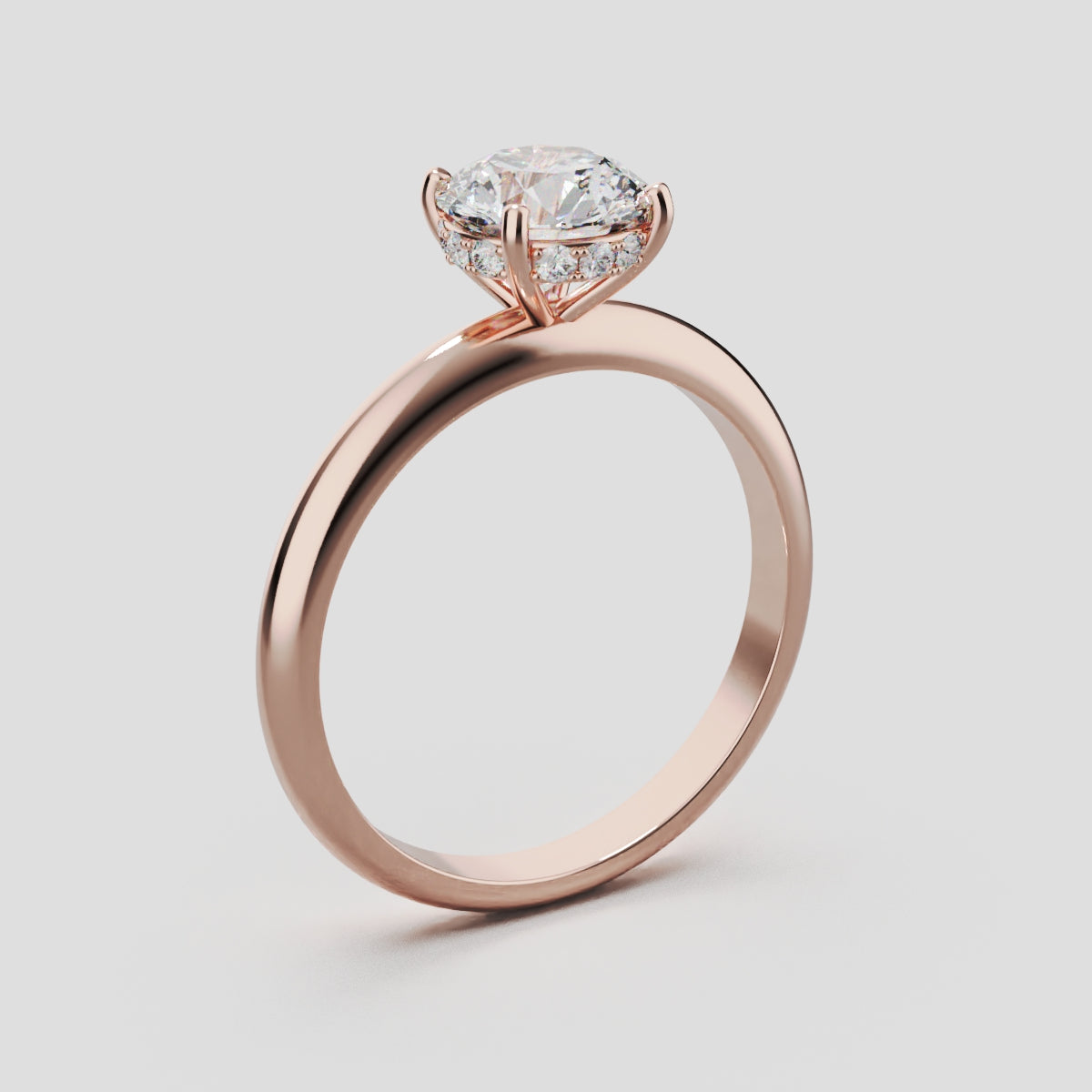 Costante, 1ct round lab grown diamond engagement ring, Plain Sides, Hidden Halo, 4 Prongs, Fixed Width, 18K rose gold - ne